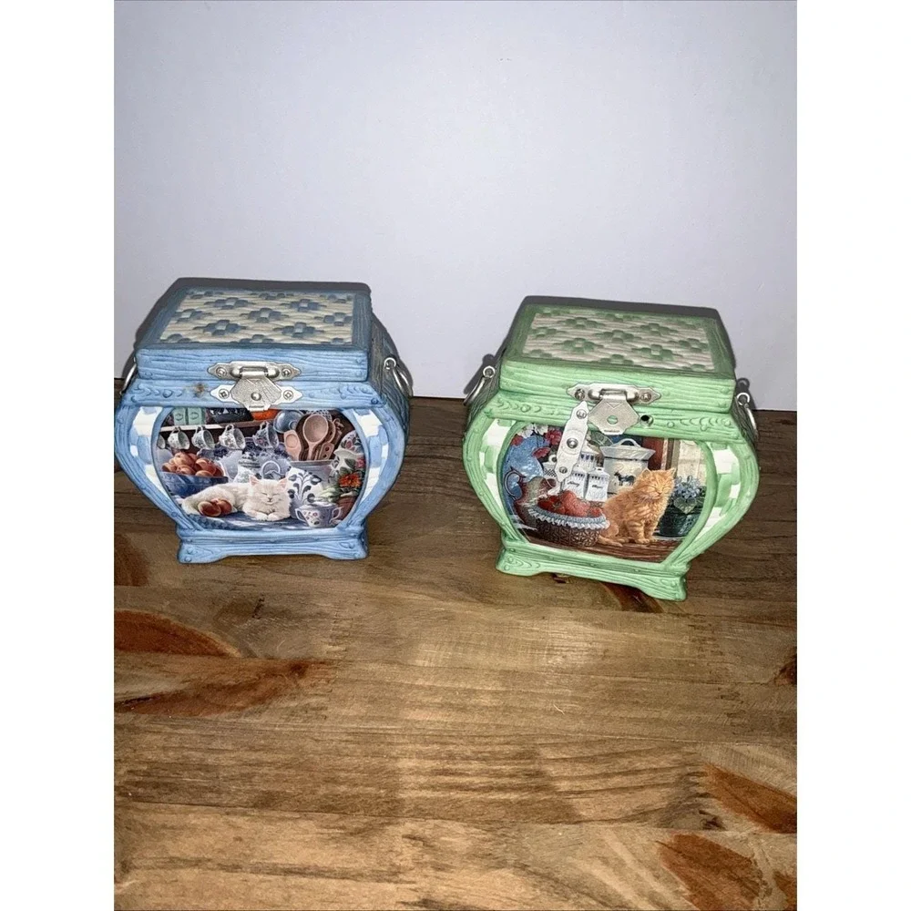 Mary Ann Lasher Cozy Country Kitties Porcelain Music Box Lot Mabel Annabelle Cat